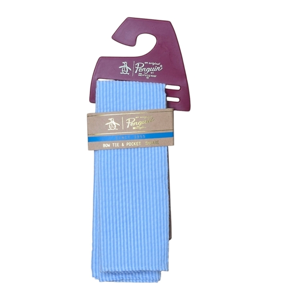 Original Penguin By Musingwear Mens Blue Cotton Striped Bow Tie Pocket Square - Picture 1 of 3